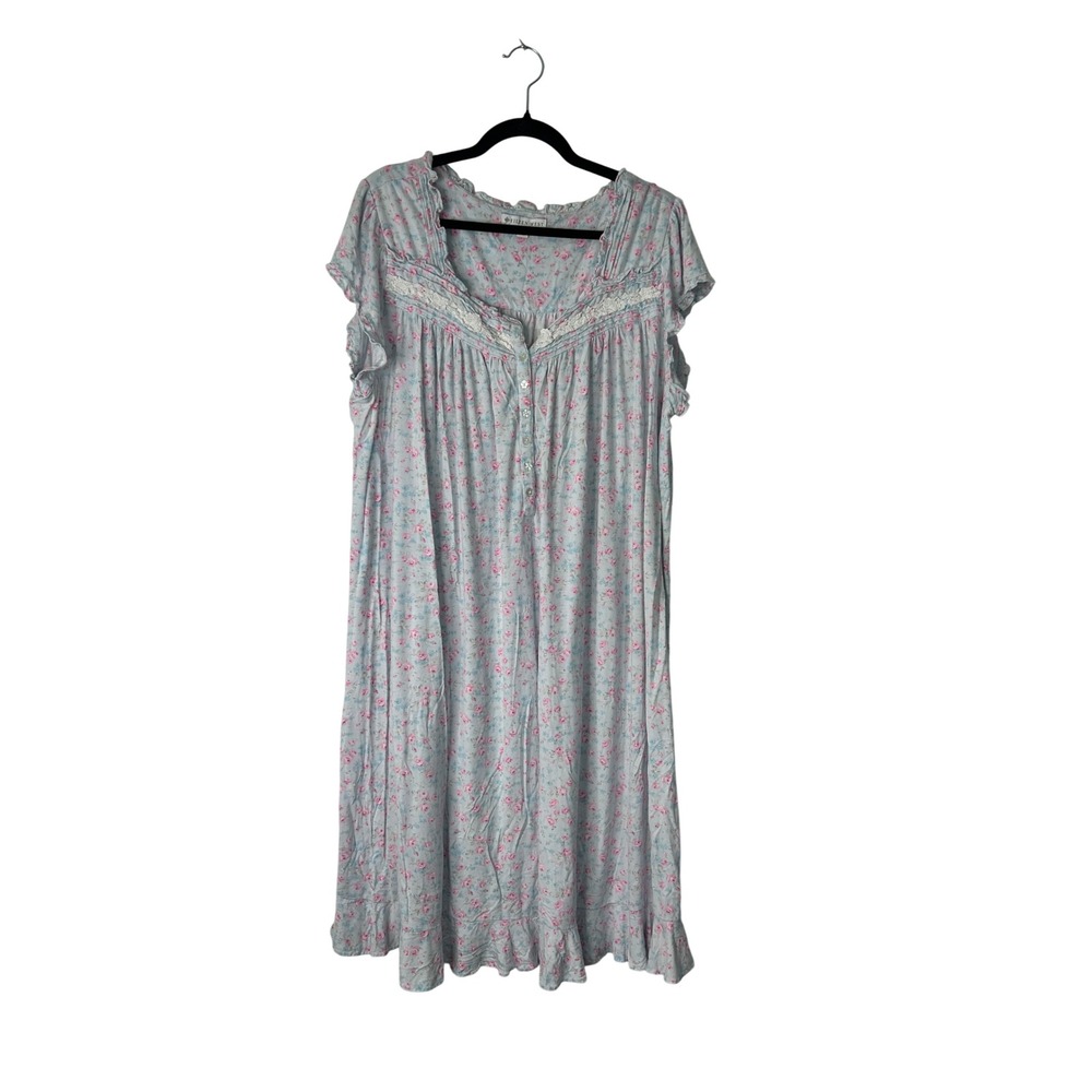 Eileen West Nightgown Women 1X Blue Floral Lace Trim Cottagecore Grannycore